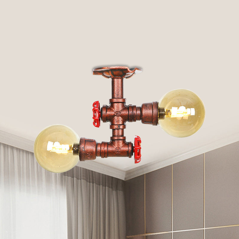 Amber Glass Copper Flushmount Light Ball 2 Heads Farmhouse LED Semi Flush Ceiling Fixture Clearhalo 'Ceiling Lights' 'Close To Ceiling Lights' 'Close to ceiling' 'Glass shade' 'Glass' 'Semi-flushmount' Lighting' 756786