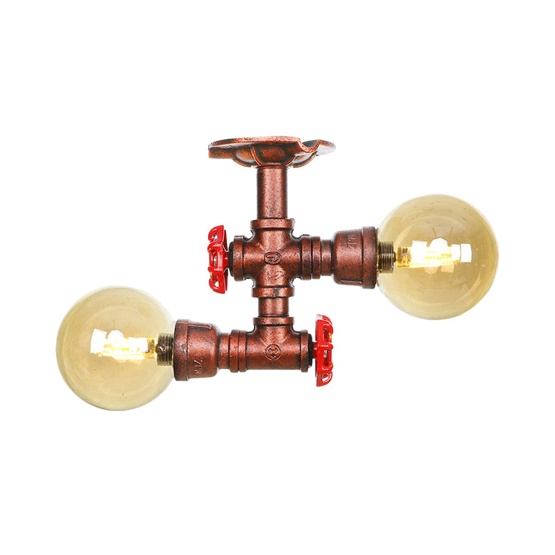 Amber Glass Copper Flushmount Light Ball 2 Heads Farmhouse LED Semi Flush Ceiling Fixture Clearhalo 'Ceiling Lights' 'Close To Ceiling Lights' 'Close to ceiling' 'Glass shade' 'Glass' 'Semi-flushmount' Lighting' 756787