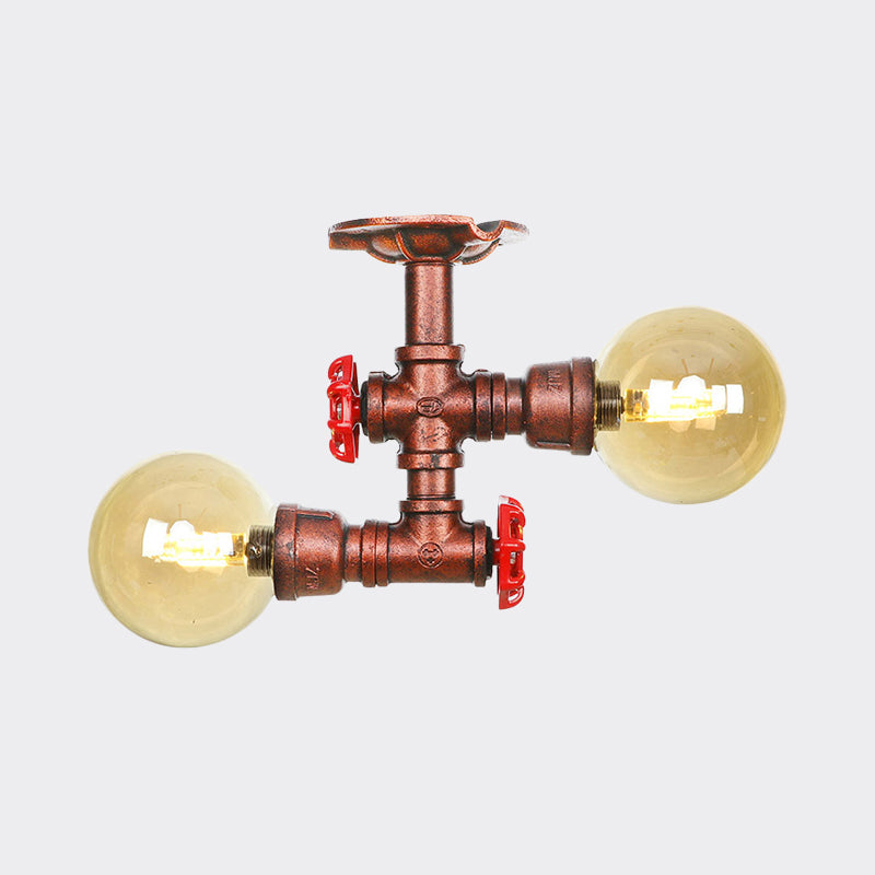 Amber Glass Copper Flushmount Light Ball 2 Heads Farmhouse LED Semi Flush Ceiling Fixture Clearhalo 'Ceiling Lights' 'Close To Ceiling Lights' 'Close to ceiling' 'Glass shade' 'Glass' 'Semi-flushmount' Lighting' 756788