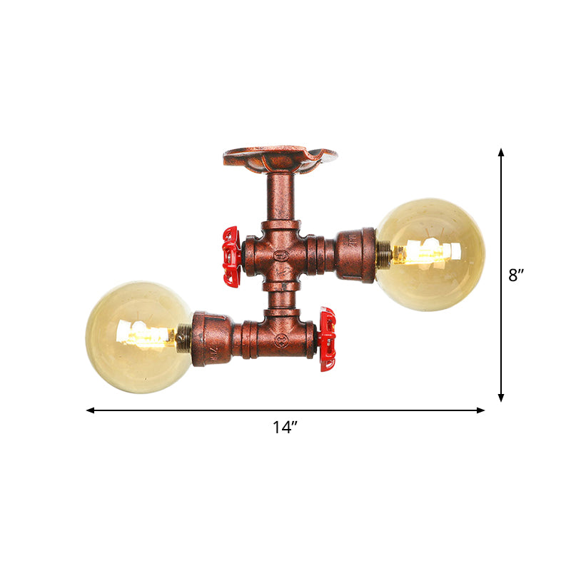 Amber Glass Copper Flushmount Light Ball 2 Heads Farmhouse LED Semi Flush Ceiling Fixture Clearhalo 'Ceiling Lights' 'Close To Ceiling Lights' 'Close to ceiling' 'Glass shade' 'Glass' 'Semi-flushmount' Lighting' 756789