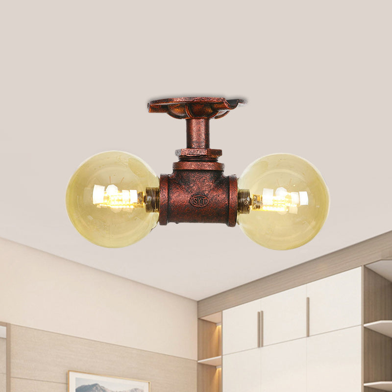 Amber Glass Copper Flushmount Light Ball 2 Heads Farmhouse LED Semi Flush Ceiling Fixture Clearhalo 'Ceiling Lights' 'Close To Ceiling Lights' 'Close to ceiling' 'Glass shade' 'Glass' 'Semi-flushmount' Lighting' 756791