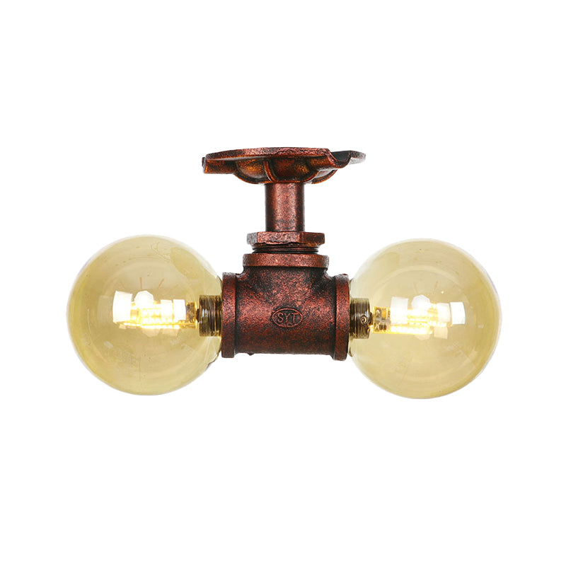 Amber Glass Copper Flushmount Light Ball 2 Heads Farmhouse LED Semi Flush Ceiling Fixture Clearhalo 'Ceiling Lights' 'Close To Ceiling Lights' 'Close to ceiling' 'Glass shade' 'Glass' 'Semi-flushmount' Lighting' 756792