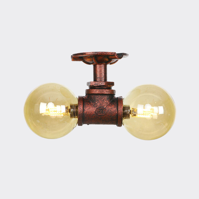 Amber Glass Copper Flushmount Light Ball 2 Heads Farmhouse LED Semi Flush Ceiling Fixture Clearhalo 'Ceiling Lights' 'Close To Ceiling Lights' 'Close to ceiling' 'Glass shade' 'Glass' 'Semi-flushmount' Lighting' 756793