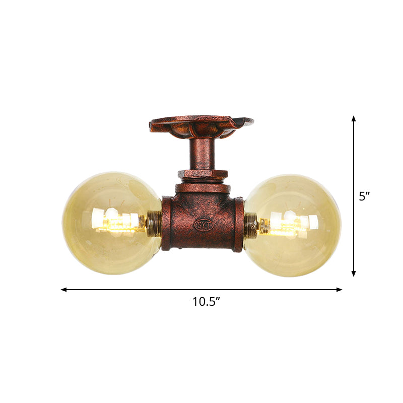 Amber Glass Copper Flushmount Light Ball 2 Heads Farmhouse LED Semi Flush Ceiling Fixture Clearhalo 'Ceiling Lights' 'Close To Ceiling Lights' 'Close to ceiling' 'Glass shade' 'Glass' 'Semi-flushmount' Lighting' 756794