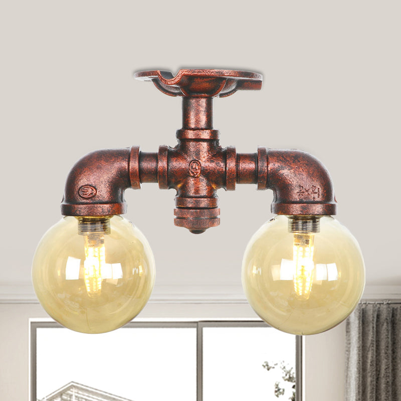 Amber Glass Copper Flushmount Light Ball 2 Heads Farmhouse LED Semi Flush Ceiling Fixture Copper D Clearhalo 'Ceiling Lights' 'Close To Ceiling Lights' 'Close to ceiling' 'Glass shade' 'Glass' 'Semi-flushmount' Lighting' 756795