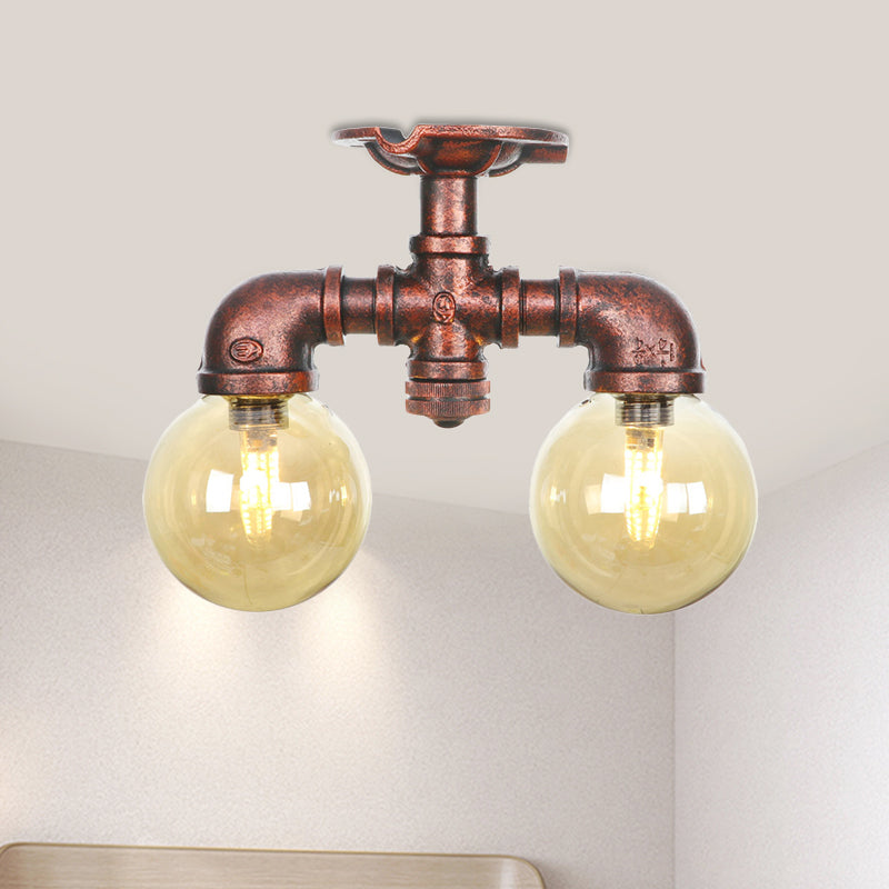 Amber Glass Copper Flushmount Light Ball 2 Heads Farmhouse LED Semi Flush Ceiling Fixture Clearhalo 'Ceiling Lights' 'Close To Ceiling Lights' 'Close to ceiling' 'Glass shade' 'Glass' 'Semi-flushmount' Lighting' 756796