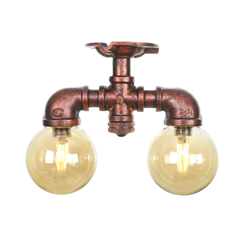 Amber Glass Copper Flushmount Light Ball 2 Heads Farmhouse LED Semi Flush Ceiling Fixture Clearhalo 'Ceiling Lights' 'Close To Ceiling Lights' 'Close to ceiling' 'Glass shade' 'Glass' 'Semi-flushmount' Lighting' 756797