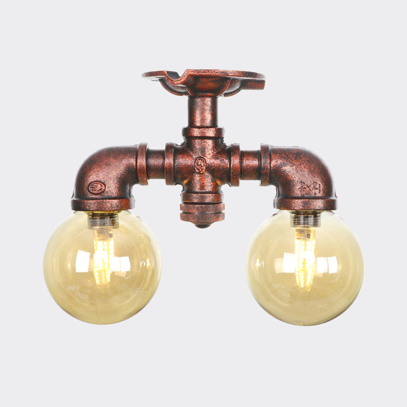 Amber Glass Copper Flushmount Light Ball 2 Heads Farmhouse LED Semi Flush Ceiling Fixture Clearhalo 'Ceiling Lights' 'Close To Ceiling Lights' 'Close to ceiling' 'Glass shade' 'Glass' 'Semi-flushmount' Lighting' 756798