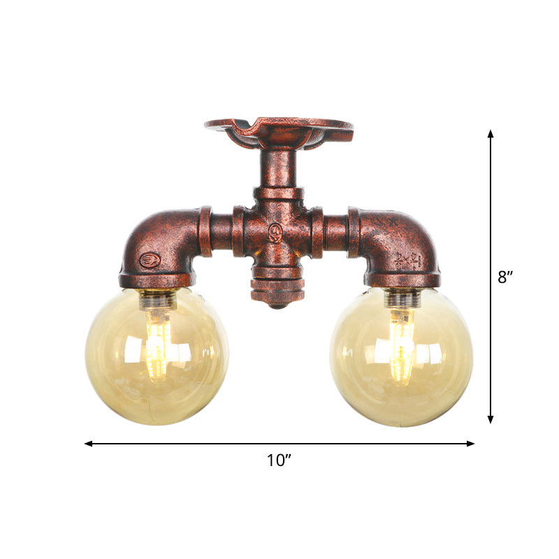 Amber Glass Copper Flushmount Light Ball 2 Heads Farmhouse LED Semi Flush Ceiling Fixture Clearhalo 'Ceiling Lights' 'Close To Ceiling Lights' 'Close to ceiling' 'Glass shade' 'Glass' 'Semi-flushmount' Lighting' 756799