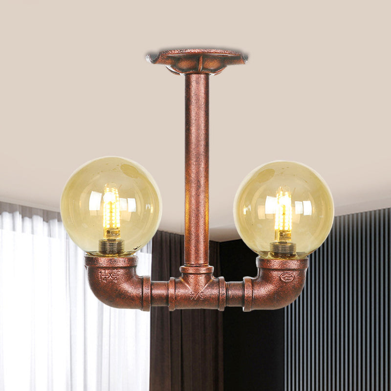 Orb Restaurant Semi Flush Light Fixture Rustic Amber Glass 2 Lights Copper Flush Lamp Copper A Clearhalo 'Ceiling Lights' 'Close To Ceiling Lights' 'Close to ceiling' 'Glass shade' 'Glass' 'Semi-flushmount' Lighting' 756800