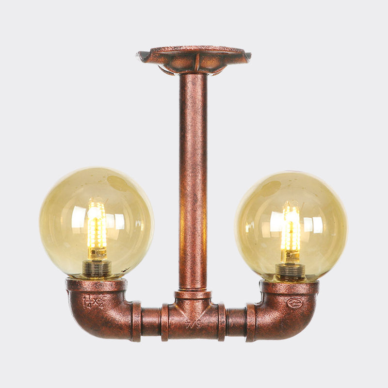 Orb Restaurant Semi Flush Light Fixture Rustic Amber Glass 2 Lights Copper Flush Lamp Clearhalo 'Ceiling Lights' 'Close To Ceiling Lights' 'Close to ceiling' 'Glass shade' 'Glass' 'Semi-flushmount' Lighting' 756802