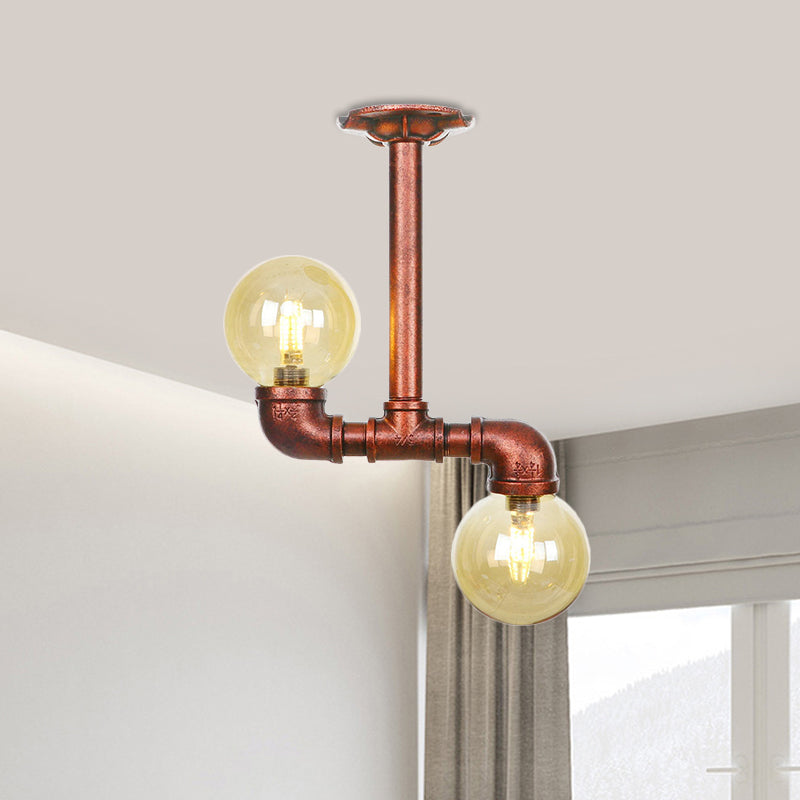 Orb Restaurant Semi Flush Light Fixture Rustic Amber Glass 2 Lights Copper Flush Lamp Clearhalo 'Ceiling Lights' 'Close To Ceiling Lights' 'Close to ceiling' 'Glass shade' 'Glass' 'Semi-flushmount' Lighting' 756805