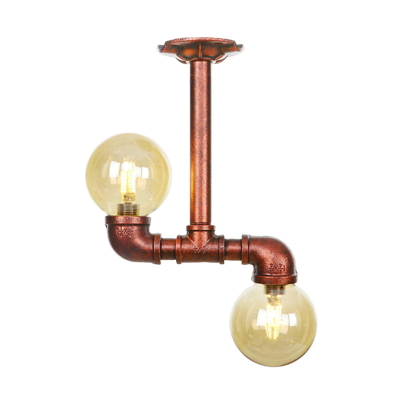 Orb Restaurant Semi Flush Light Fixture Rustic Amber Glass 2 Lights Copper Flush Lamp Clearhalo 'Ceiling Lights' 'Close To Ceiling Lights' 'Close to ceiling' 'Glass shade' 'Glass' 'Semi-flushmount' Lighting' 756806