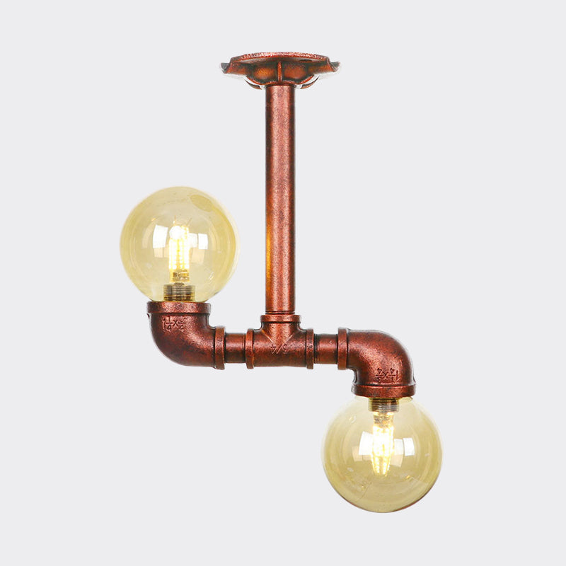 Orb Restaurant Semi Flush Light Fixture Rustic Amber Glass 2 Lights Copper Flush Lamp Clearhalo 'Ceiling Lights' 'Close To Ceiling Lights' 'Close to ceiling' 'Glass shade' 'Glass' 'Semi-flushmount' Lighting' 756807