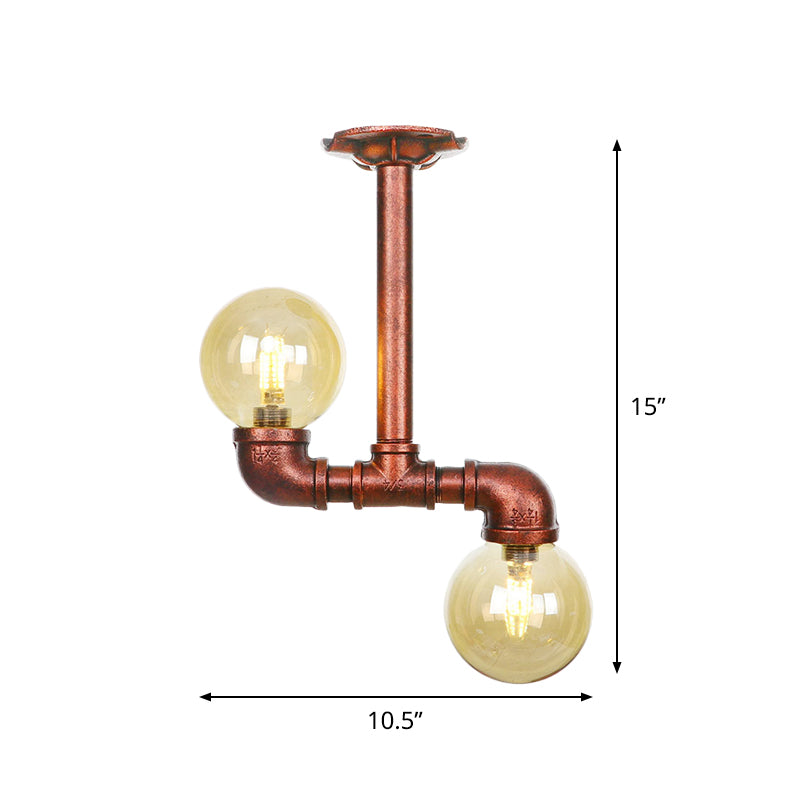 Orb Restaurant Semi Flush Light Fixture Rustic Amber Glass 2 Lights Copper Flush Lamp Clearhalo 'Ceiling Lights' 'Close To Ceiling Lights' 'Close to ceiling' 'Glass shade' 'Glass' 'Semi-flushmount' Lighting' 756808