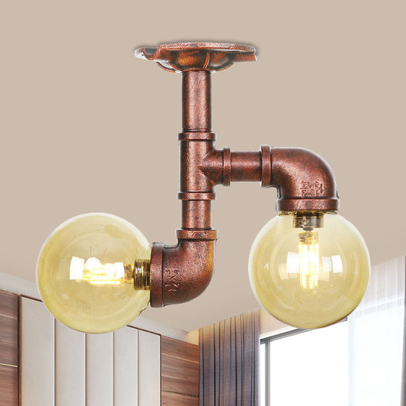 Orb Restaurant Semi Flush Light Fixture Rustic Amber Glass 2 Lights Copper Flush Lamp Copper C Clearhalo 'Ceiling Lights' 'Close To Ceiling Lights' 'Close to ceiling' 'Glass shade' 'Glass' 'Semi-flushmount' Lighting' 756809