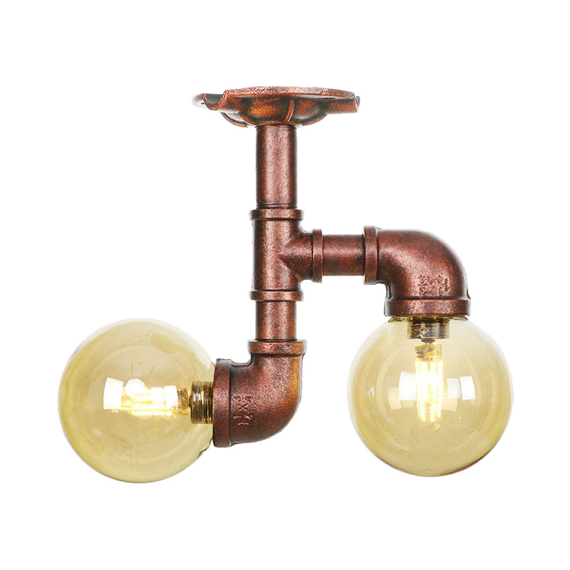 Orb Restaurant Semi Flush Light Fixture Rustic Amber Glass 2 Lights Copper Flush Lamp Clearhalo 'Ceiling Lights' 'Close To Ceiling Lights' 'Close to ceiling' 'Glass shade' 'Glass' 'Semi-flushmount' Lighting' 756811