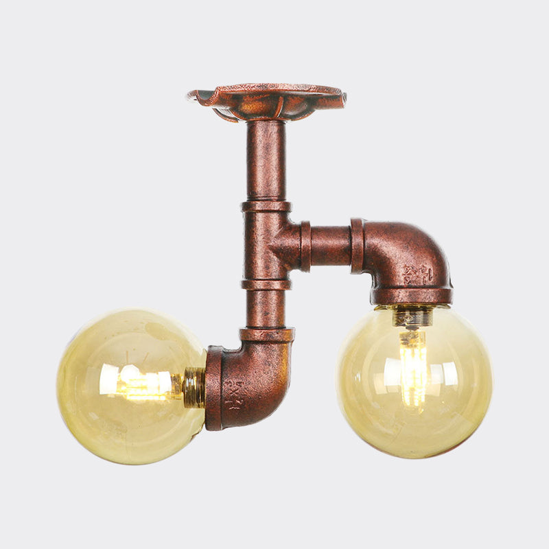 Orb Restaurant Semi Flush Light Fixture Rustic Amber Glass 2 Lights Copper Flush Lamp Clearhalo 'Ceiling Lights' 'Close To Ceiling Lights' 'Close to ceiling' 'Glass shade' 'Glass' 'Semi-flushmount' Lighting' 756812