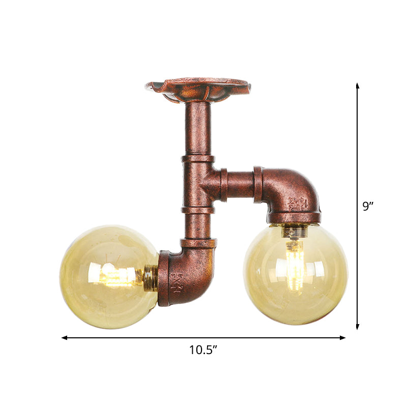 Orb Restaurant Semi Flush Light Fixture Rustic Amber Glass 2 Lights Copper Flush Lamp Clearhalo 'Ceiling Lights' 'Close To Ceiling Lights' 'Close to ceiling' 'Glass shade' 'Glass' 'Semi-flushmount' Lighting' 756813