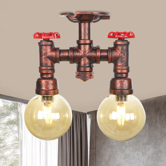 Orb Restaurant Semi Flush Light Fixture Rustic Amber Glass 2 Lights Copper Flush Lamp Copper D Clearhalo 'Ceiling Lights' 'Close To Ceiling Lights' 'Close to ceiling' 'Glass shade' 'Glass' 'Semi-flushmount' Lighting' 756814