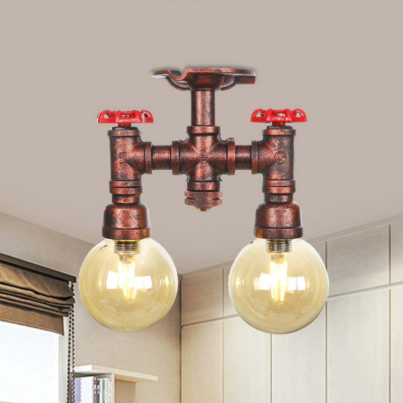 Orb Restaurant Semi Flush Light Fixture Rustic Amber Glass 2 Lights Copper Flush Lamp Clearhalo 'Ceiling Lights' 'Close To Ceiling Lights' 'Close to ceiling' 'Glass shade' 'Glass' 'Semi-flushmount' Lighting' 756815