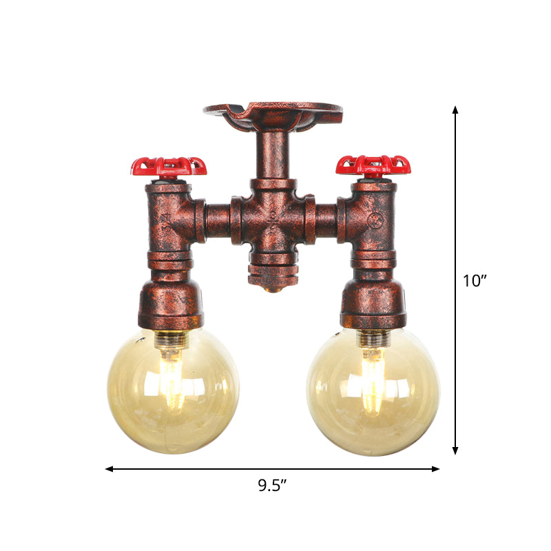 Orb Restaurant Semi Flush Light Fixture Rustic Amber Glass 2 Lights Copper Flush Lamp Clearhalo 'Ceiling Lights' 'Close To Ceiling Lights' 'Close to ceiling' 'Glass shade' 'Glass' 'Semi-flushmount' Lighting' 756818