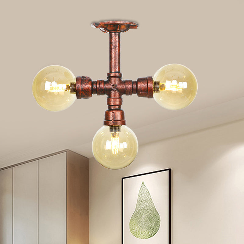 Amber Glass Copper Semi Flush Light Sphere 3/4-Bulb Farmhouse LED Ceiling Mounted Fixture Copper A Clearhalo 'Ceiling Lights' 'Close To Ceiling Lights' 'Close to ceiling' 'Glass shade' 'Glass' 'Semi-flushmount' Lighting' 756819