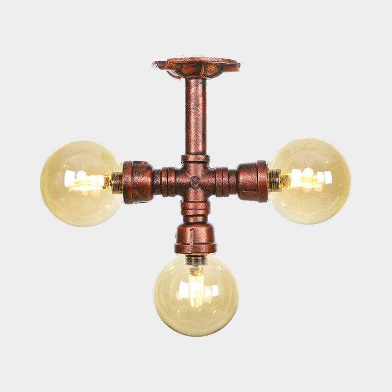 Amber Glass Copper Semi Flush Light Sphere 3/4-Bulb Farmhouse LED Ceiling Mounted Fixture Clearhalo 'Ceiling Lights' 'Close To Ceiling Lights' 'Close to ceiling' 'Glass shade' 'Glass' 'Semi-flushmount' Lighting' 756821