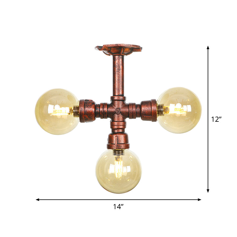 Amber Glass Copper Semi Flush Light Sphere 3/4-Bulb Farmhouse LED Ceiling Mounted Fixture Clearhalo 'Ceiling Lights' 'Close To Ceiling Lights' 'Close to ceiling' 'Glass shade' 'Glass' 'Semi-flushmount' Lighting' 756822