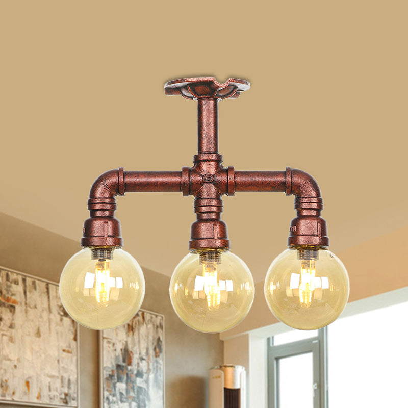 Amber Glass Copper Semi Flush Light Sphere 3/4-Bulb Farmhouse LED Ceiling Mounted Fixture Clearhalo 'Ceiling Lights' 'Close To Ceiling Lights' 'Close to ceiling' 'Glass shade' 'Glass' 'Semi-flushmount' Lighting' 756824