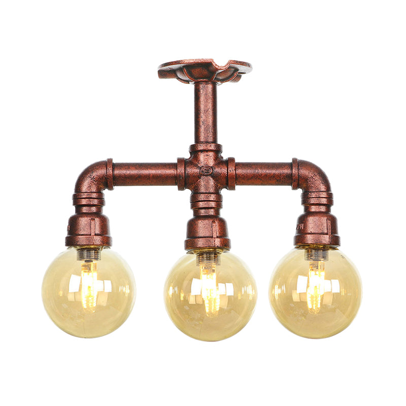 Amber Glass Copper Semi Flush Light Sphere 3/4-Bulb Farmhouse LED Ceiling Mounted Fixture Clearhalo 'Ceiling Lights' 'Close To Ceiling Lights' 'Close to ceiling' 'Glass shade' 'Glass' 'Semi-flushmount' Lighting' 756825