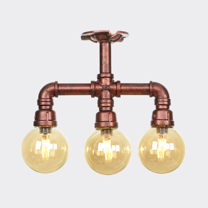 Amber Glass Copper Semi Flush Light Sphere 3/4-Bulb Farmhouse LED Ceiling Mounted Fixture Clearhalo 'Ceiling Lights' 'Close To Ceiling Lights' 'Close to ceiling' 'Glass shade' 'Glass' 'Semi-flushmount' Lighting' 756826