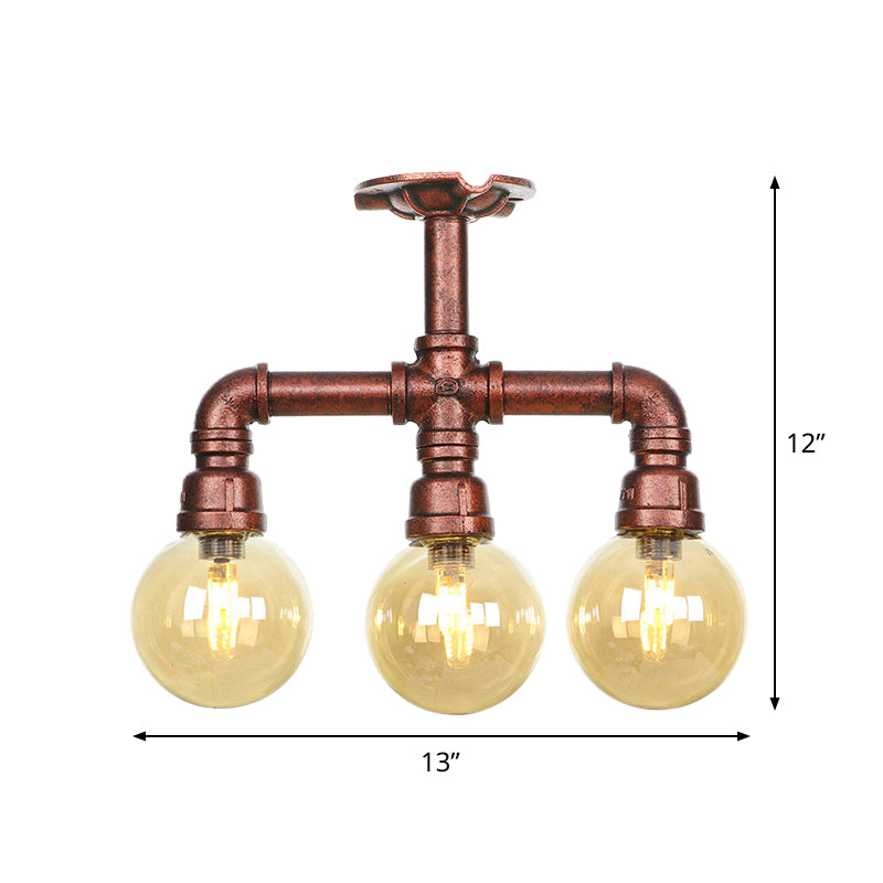 Amber Glass Copper Semi Flush Light Sphere 3/4-Bulb Farmhouse LED Ceiling Mounted Fixture Clearhalo 'Ceiling Lights' 'Close To Ceiling Lights' 'Close to ceiling' 'Glass shade' 'Glass' 'Semi-flushmount' Lighting' 756827