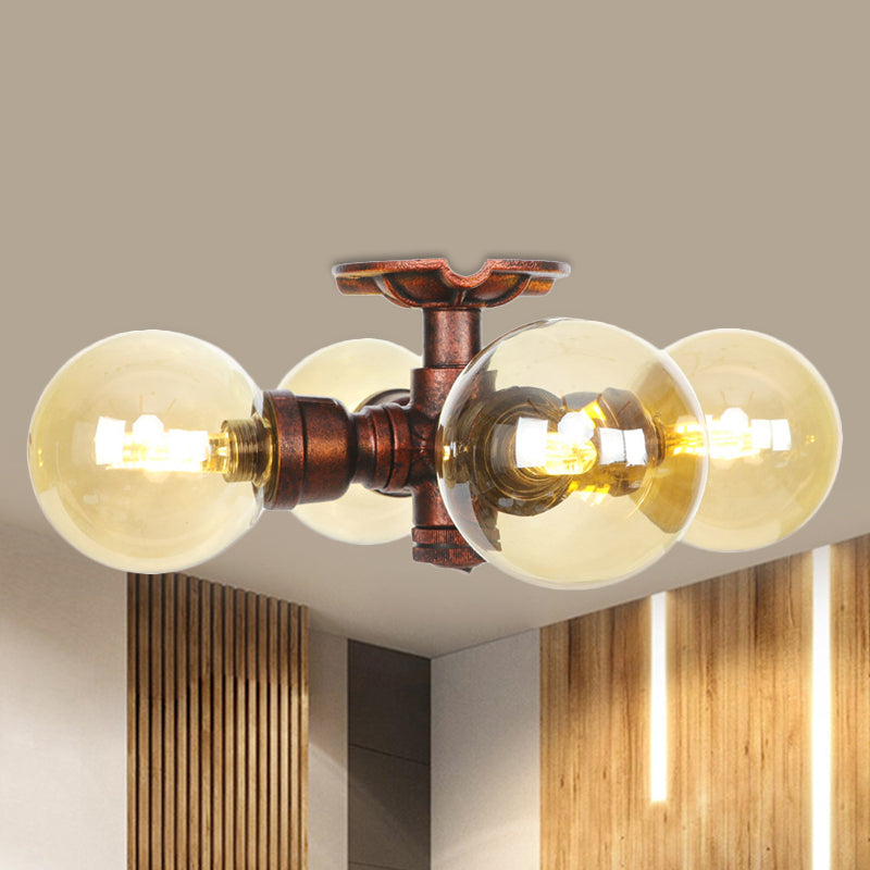 Amber Glass Copper Semi Flush Light Sphere 3/4-Bulb Farmhouse LED Ceiling Mounted Fixture Copper C Clearhalo 'Ceiling Lights' 'Close To Ceiling Lights' 'Close to ceiling' 'Glass shade' 'Glass' 'Semi-flushmount' Lighting' 756828