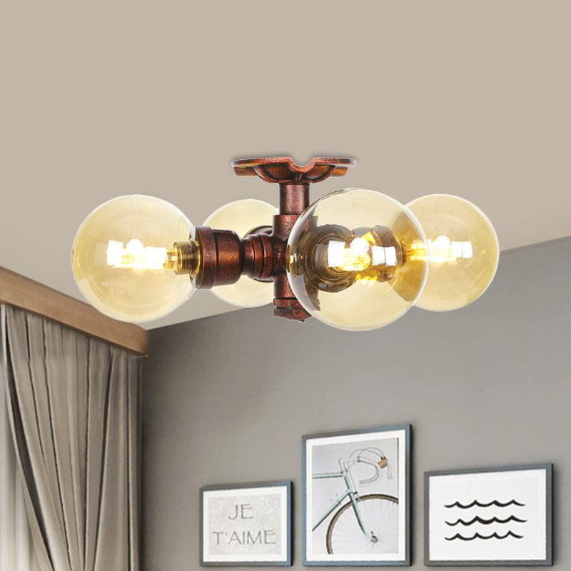 Amber Glass Copper Semi Flush Light Sphere 3/4-Bulb Farmhouse LED Ceiling Mounted Fixture Clearhalo 'Ceiling Lights' 'Close To Ceiling Lights' 'Close to ceiling' 'Glass shade' 'Glass' 'Semi-flushmount' Lighting' 756829