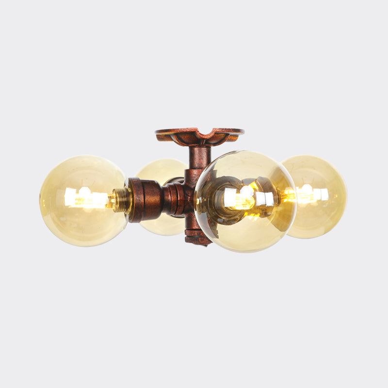 Amber Glass Copper Semi Flush Light Sphere 3/4-Bulb Farmhouse LED Ceiling Mounted Fixture Clearhalo 'Ceiling Lights' 'Close To Ceiling Lights' 'Close to ceiling' 'Glass shade' 'Glass' 'Semi-flushmount' Lighting' 756831