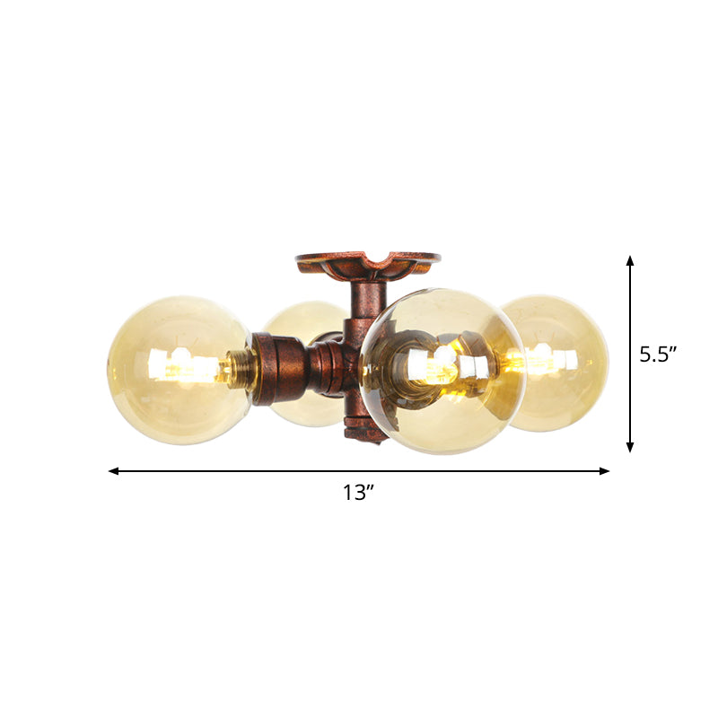 Amber Glass Copper Semi Flush Light Sphere 3/4-Bulb Farmhouse LED Ceiling Mounted Fixture Clearhalo 'Ceiling Lights' 'Close To Ceiling Lights' 'Close to ceiling' 'Glass shade' 'Glass' 'Semi-flushmount' Lighting' 756832