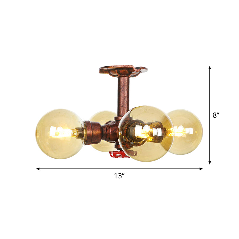 Amber Glass Copper Semi Flush Light Sphere 3/4-Bulb Farmhouse LED Ceiling Mounted Fixture Clearhalo 'Ceiling Lights' 'Close To Ceiling Lights' 'Close to ceiling' 'Glass shade' 'Glass' 'Semi-flushmount' Lighting' 756837