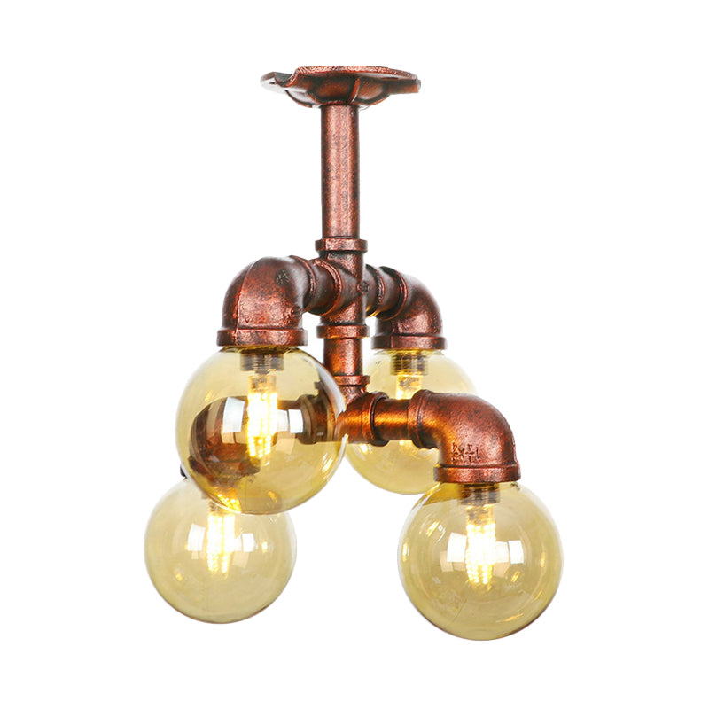 Farmhouse Global Semi Mount Lighting 4/5/6-Light Amber Glass LED Flush Lamp Fixture in Copper Clearhalo 'Ceiling Lights' 'Close To Ceiling Lights' 'Close to ceiling' 'Glass shade' 'Glass' 'Pendant Lights' 'Semi-flushmount' Lighting' 756839