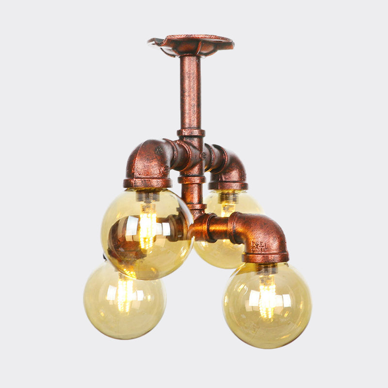 Farmhouse Global Semi Mount Lighting 4/5/6-Light Amber Glass LED Flush Lamp Fixture in Copper Clearhalo 'Ceiling Lights' 'Close To Ceiling Lights' 'Close to ceiling' 'Glass shade' 'Glass' 'Pendant Lights' 'Semi-flushmount' Lighting' 756840