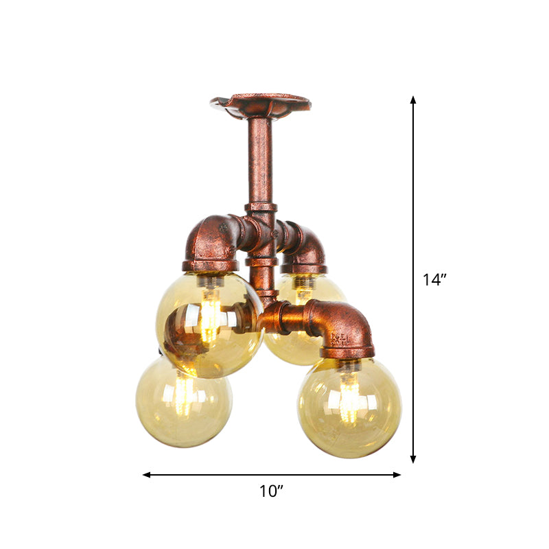 Farmhouse Global Semi Mount Lighting 4/5/6-Light Amber Glass LED Flush Lamp Fixture in Copper Clearhalo 'Ceiling Lights' 'Close To Ceiling Lights' 'Close to ceiling' 'Glass shade' 'Glass' 'Pendant Lights' 'Semi-flushmount' Lighting' 756841