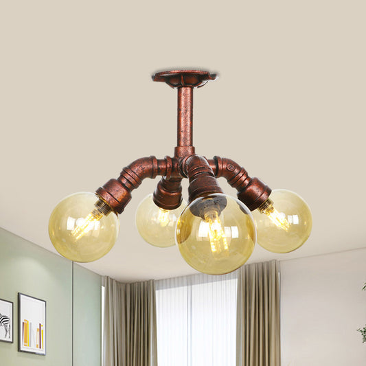 Farmhouse Global Semi Mount Lighting 4/5/6-Light Amber Glass LED Flush Lamp Fixture in Copper Clearhalo 'Ceiling Lights' 'Close To Ceiling Lights' 'Close to ceiling' 'Glass shade' 'Glass' 'Pendant Lights' 'Semi-flushmount' Lighting' 756843