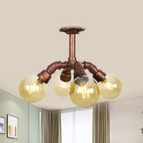 Farmhouse Global Semi Mount Lighting 4/5/6-Light Amber Glass LED Flush Lamp Fixture in Copper Clearhalo 'Ceiling Lights' 'Close To Ceiling Lights' 'Close to ceiling' 'Glass shade' 'Glass' 'Pendant Lights' 'Semi-flushmount' Lighting' 756843