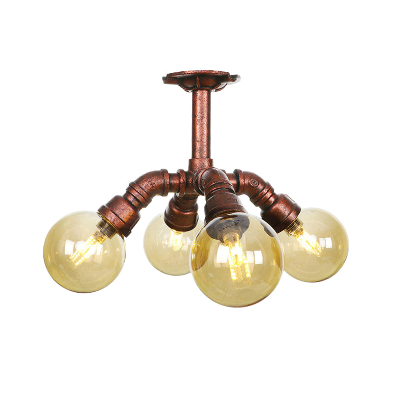 Farmhouse Global Semi Mount Lighting 4/5/6-Light Amber Glass LED Flush Lamp Fixture in Copper Clearhalo 'Ceiling Lights' 'Close To Ceiling Lights' 'Close to ceiling' 'Glass shade' 'Glass' 'Pendant Lights' 'Semi-flushmount' Lighting' 756844