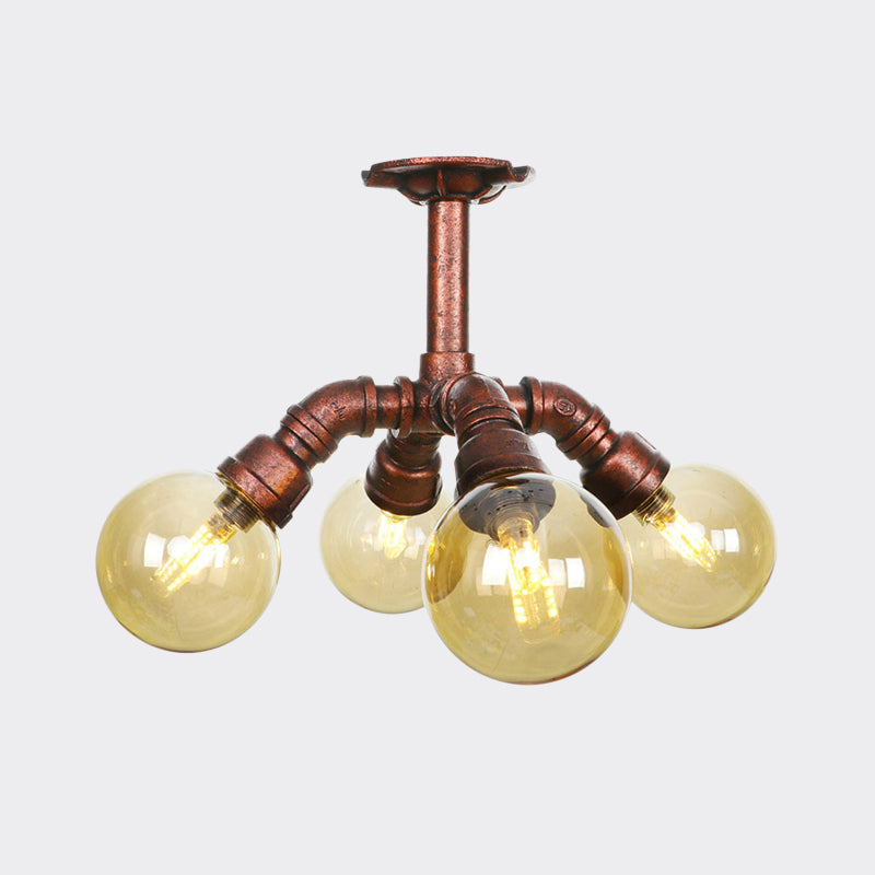 Farmhouse Global Semi Mount Lighting 4/5/6-Light Amber Glass LED Flush Lamp Fixture in Copper Clearhalo 'Ceiling Lights' 'Close To Ceiling Lights' 'Close to ceiling' 'Glass shade' 'Glass' 'Pendant Lights' 'Semi-flushmount' Lighting' 756845