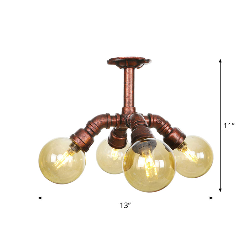 Farmhouse Global Semi Mount Lighting 4/5/6-Light Amber Glass LED Flush Lamp Fixture in Copper Clearhalo 'Ceiling Lights' 'Close To Ceiling Lights' 'Close to ceiling' 'Glass shade' 'Glass' 'Pendant Lights' 'Semi-flushmount' Lighting' 756846