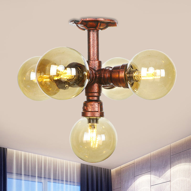 Farmhouse Global Semi Mount Lighting 4/5/6-Light Amber Glass LED Flush Lamp Fixture in Copper Copper C Clearhalo 'Ceiling Lights' 'Close To Ceiling Lights' 'Close to ceiling' 'Glass shade' 'Glass' 'Pendant Lights' 'Semi-flushmount' Lighting' 756847