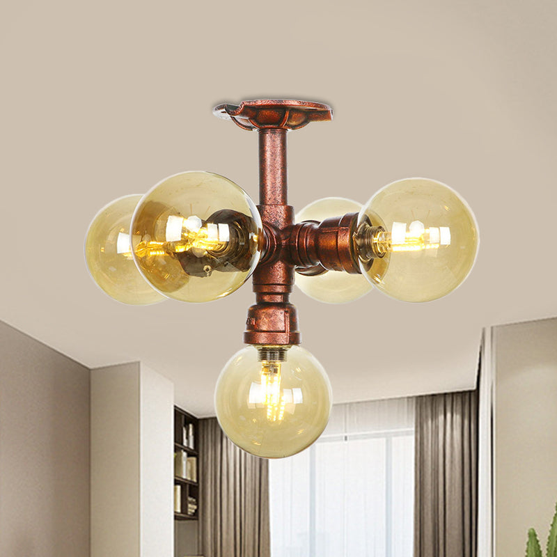 Farmhouse Global Semi Mount Lighting 4/5/6-Light Amber Glass LED Flush Lamp Fixture in Copper Clearhalo 'Ceiling Lights' 'Close To Ceiling Lights' 'Close to ceiling' 'Glass shade' 'Glass' 'Pendant Lights' 'Semi-flushmount' Lighting' 756848