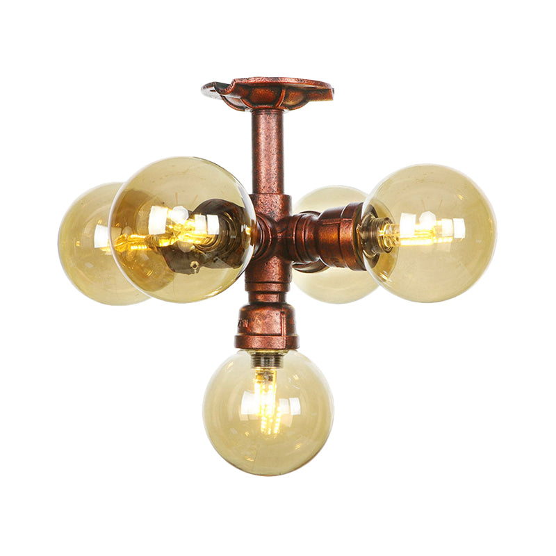 Farmhouse Global Semi Mount Lighting 4/5/6-Light Amber Glass LED Flush Lamp Fixture in Copper Clearhalo 'Ceiling Lights' 'Close To Ceiling Lights' 'Close to ceiling' 'Glass shade' 'Glass' 'Pendant Lights' 'Semi-flushmount' Lighting' 756849