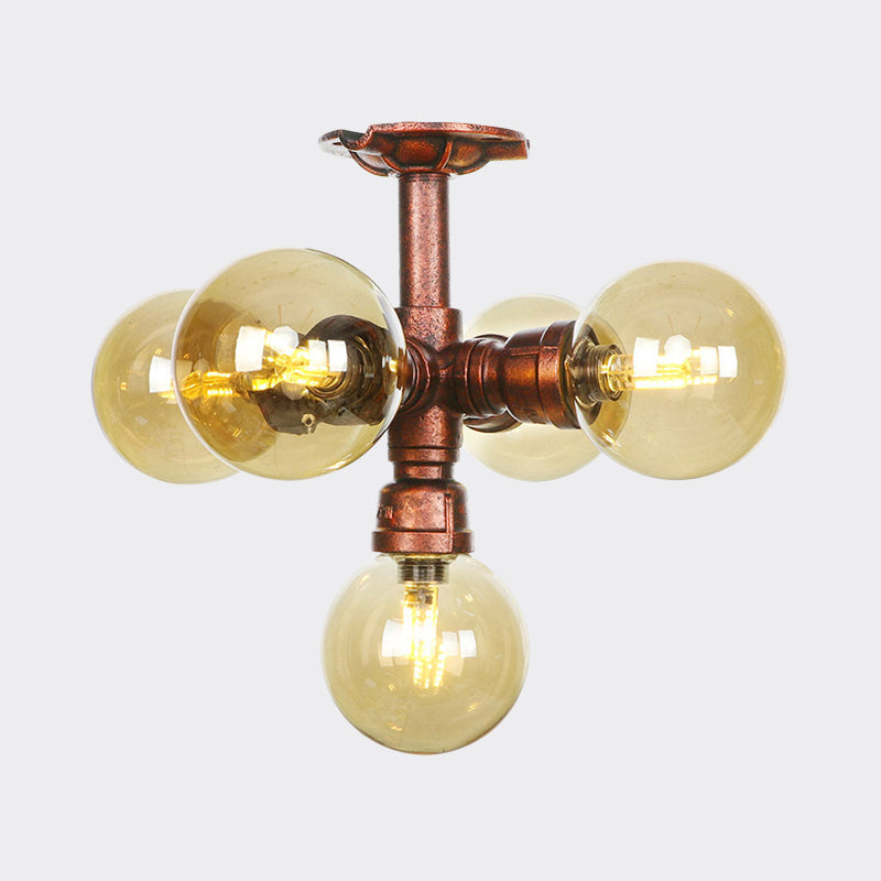 Farmhouse Global Semi Mount Lighting 4/5/6-Light Amber Glass LED Flush Lamp Fixture in Copper Clearhalo 'Ceiling Lights' 'Close To Ceiling Lights' 'Close to ceiling' 'Glass shade' 'Glass' 'Pendant Lights' 'Semi-flushmount' Lighting' 756850